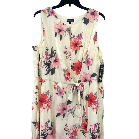Luxology Women's 3X Floral Midi Dress Sleeveless Keyhole Tie-Waist Lined NWT - Picture 6 of 13